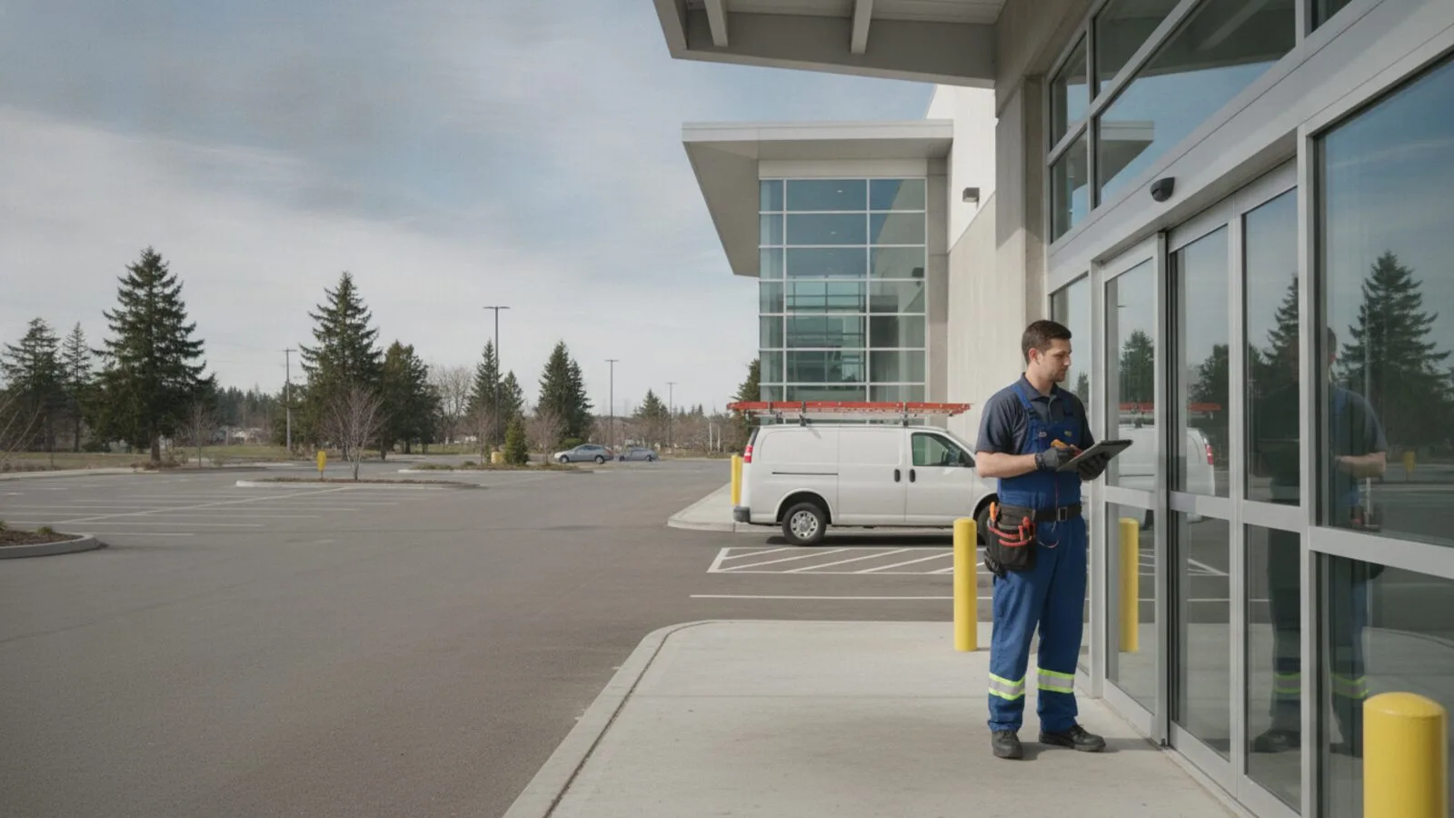 Accessible Door Solutions technician servicing an automatic door at a Brampton commercial building