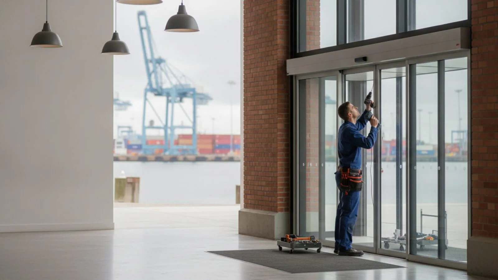 Accessible Door Solutions technician repairing an automatic entrance at a Hamilton commercial building