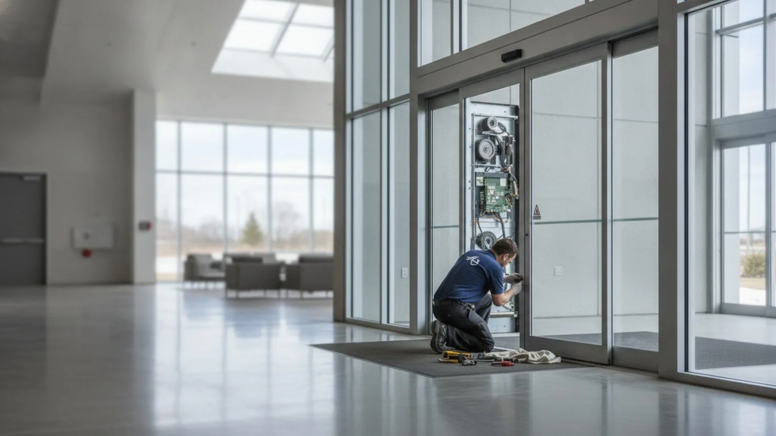 Accessible Door Solutions technician repairing an automatic entrance at an Oshawa commercial building