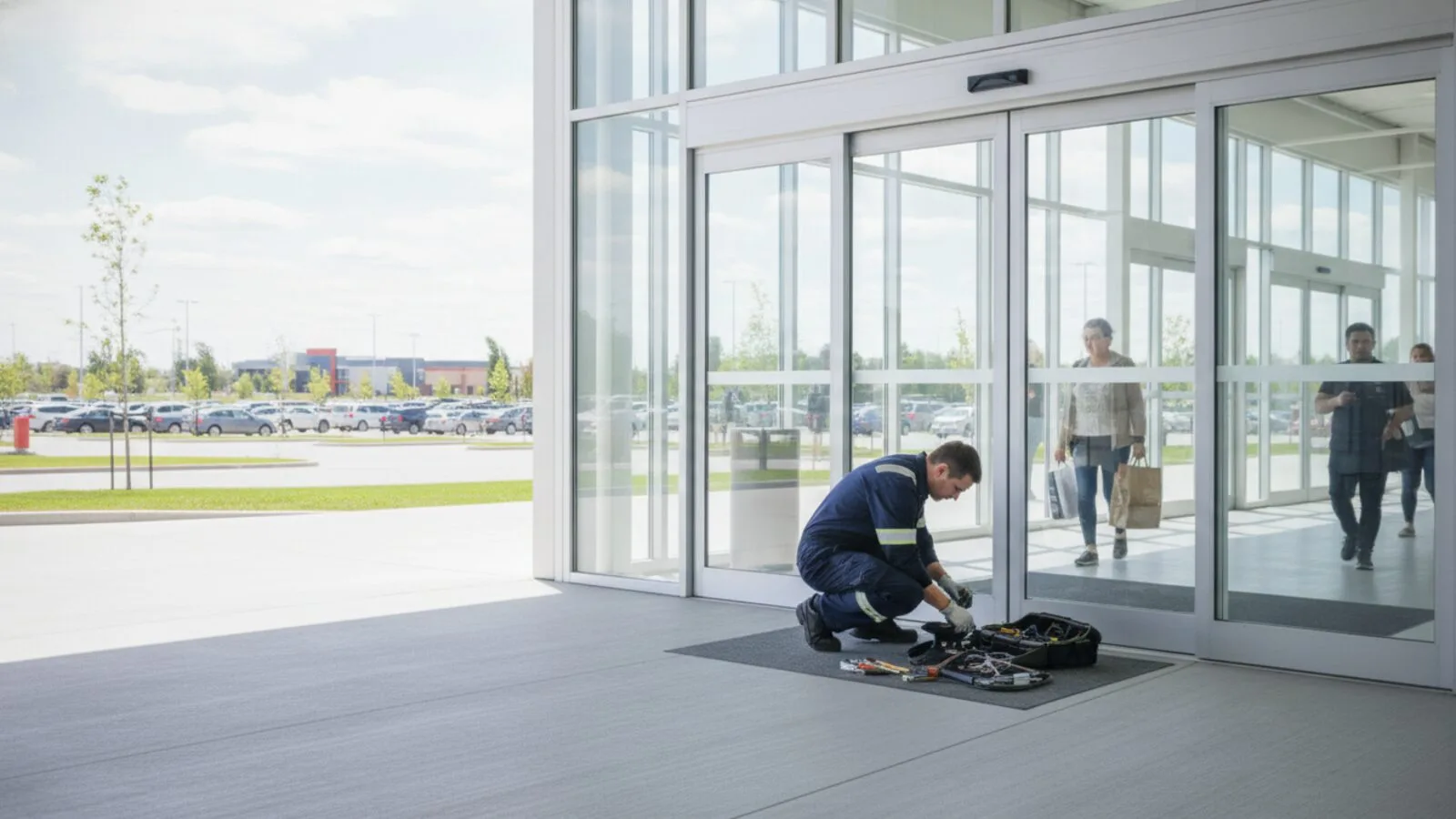 Accessible Door Solutions technician repairing an automatic door at a Vaughan commercial building
